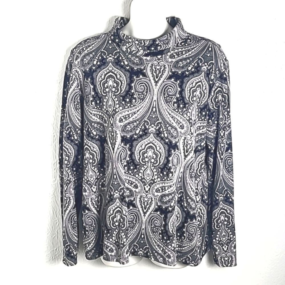 Lands' End Longsleeve Mock Turtleneck Top in Gray,Black & White Paisley, Size L - Picture 1 of 5